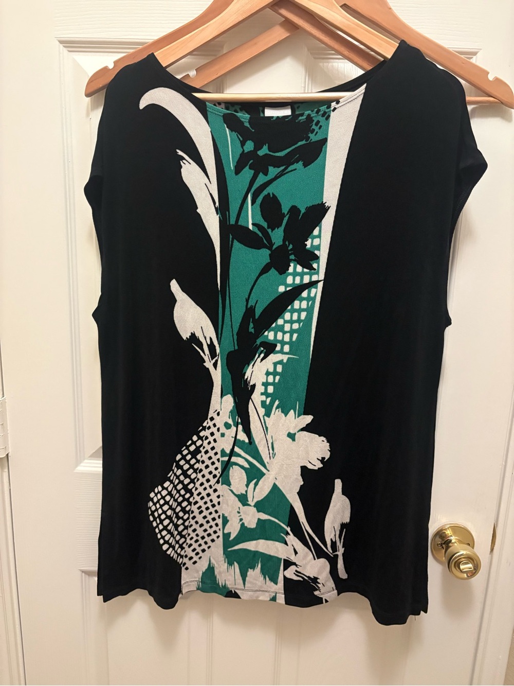 Chicos travelers size 3 
Black & Floral Panel Women's Top